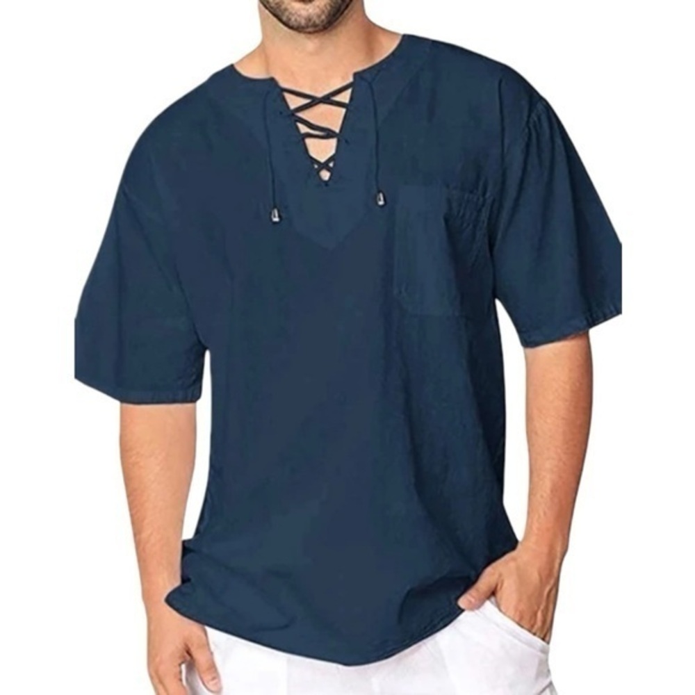 KS Island Navy Blue Lace Up Casual Vacation Cotton Beach Short Sleeve Shirt
